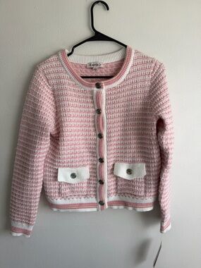 Nanette Lepore Pink and White Textured Knit Button-Front Cardigan NWT